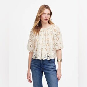 Madewell Embroidered Shirred Puff Sleeve Top Round Neck Flowy M NWT Cream